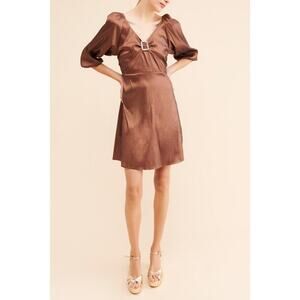 NWT Hosbjerg Women's Brown Elora Buckle V-Neckline Mini Dress Size Small